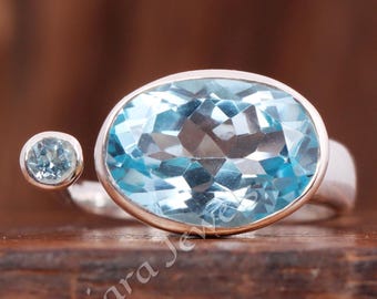 Swiss Blue Topaz Ring: Adjustable 925 Sterling Silver Statement Ring