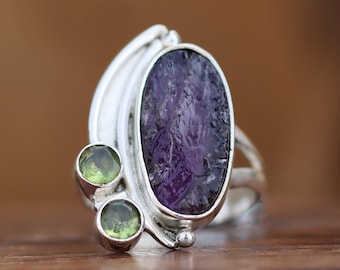 Handmade Raw Amethyst & Peridot 925 Sterling Silver Statement Ring