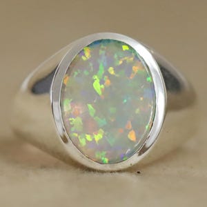 Fire Opal Ring, 925 sterlingzilveren ring, edelsteen herenring, zegelring, beloftering, Rainbow Opal ring, cadeau voor hem