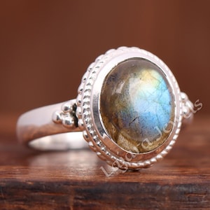 Handmade Rectangular Labradorite Ring: Boho Engagement Jewelry