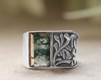 Green Moss Agate Ring: Sterling Silver Men&#39;s Promise Ring