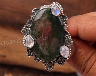 Anillo de piedra lunar arcoíris y ágata musgosa: joya de plata 925 con un toque de distinción
