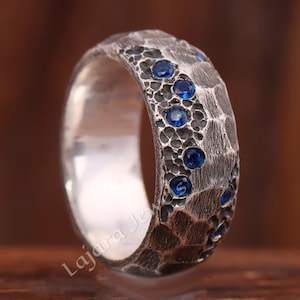Hammered Blue Sapphire Ring: Sterling Silver Mens Wedding Band
