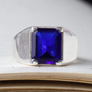 Anello con zaffiro blu naturale: sigillo da uomo in argento sterling