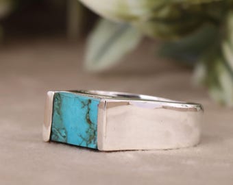 Handmade Rough Turquoise Signet Ring: 925 Sterling Silver Men's Ring