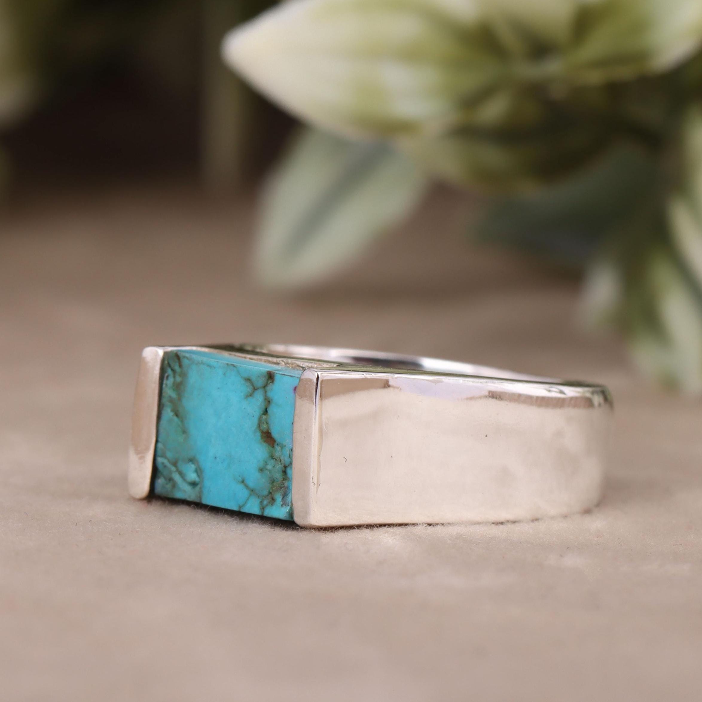 Handmade Rough Turquoise Signet Ring: 925 Sterling Silver Men's
