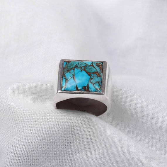 Copper Turquoise Signet Ring, 925 Sterling Silver Men's Ring - Etsy