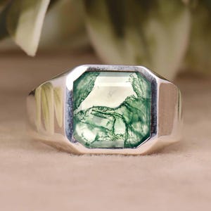 Natuurlijke mosagaatring, 925 sterlingzilveren ring, mosagaat herenring, statementring, jubileumcadeau voor hem