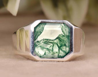 グリーンモスアゲートリング：スターリングシルバーのシグネットリング