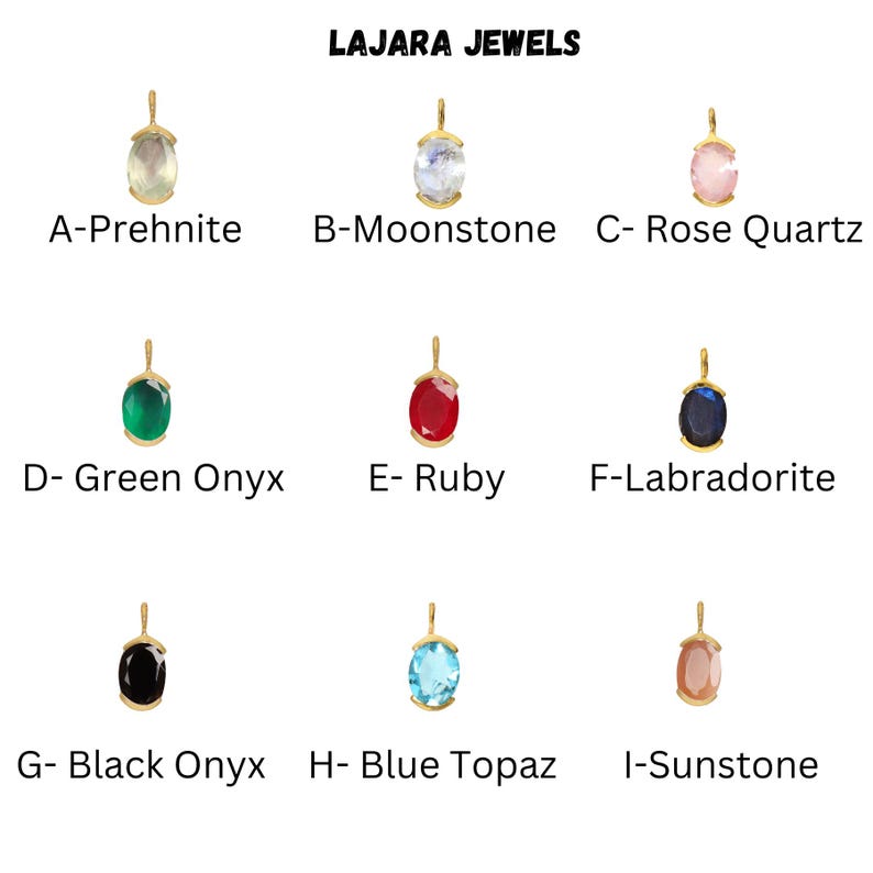 May include: Nine gold pendants with different colored gemstones. The gemstones are prehnite, moonstone, rose quartz, green onyx, ruby, labradorite, black onyx, blue topaz, and sunstone. The pendants are labeled with the gemstone name and a letter.
