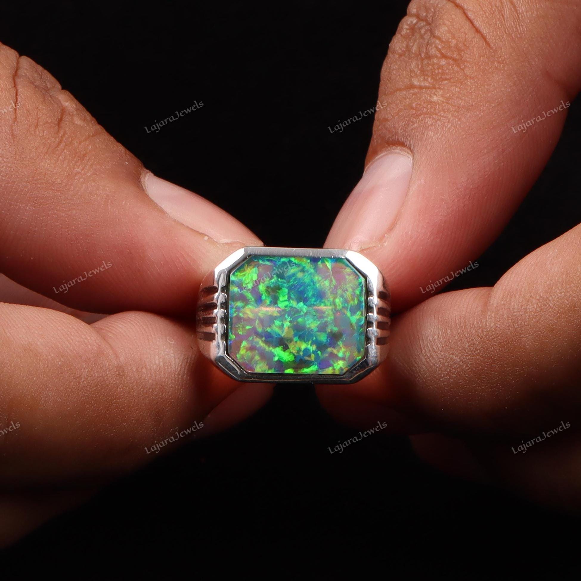 Lajara Men's 925 Sterling Silver Fire Opal Ring – Rainbow Opal Signet Ring, Size 10