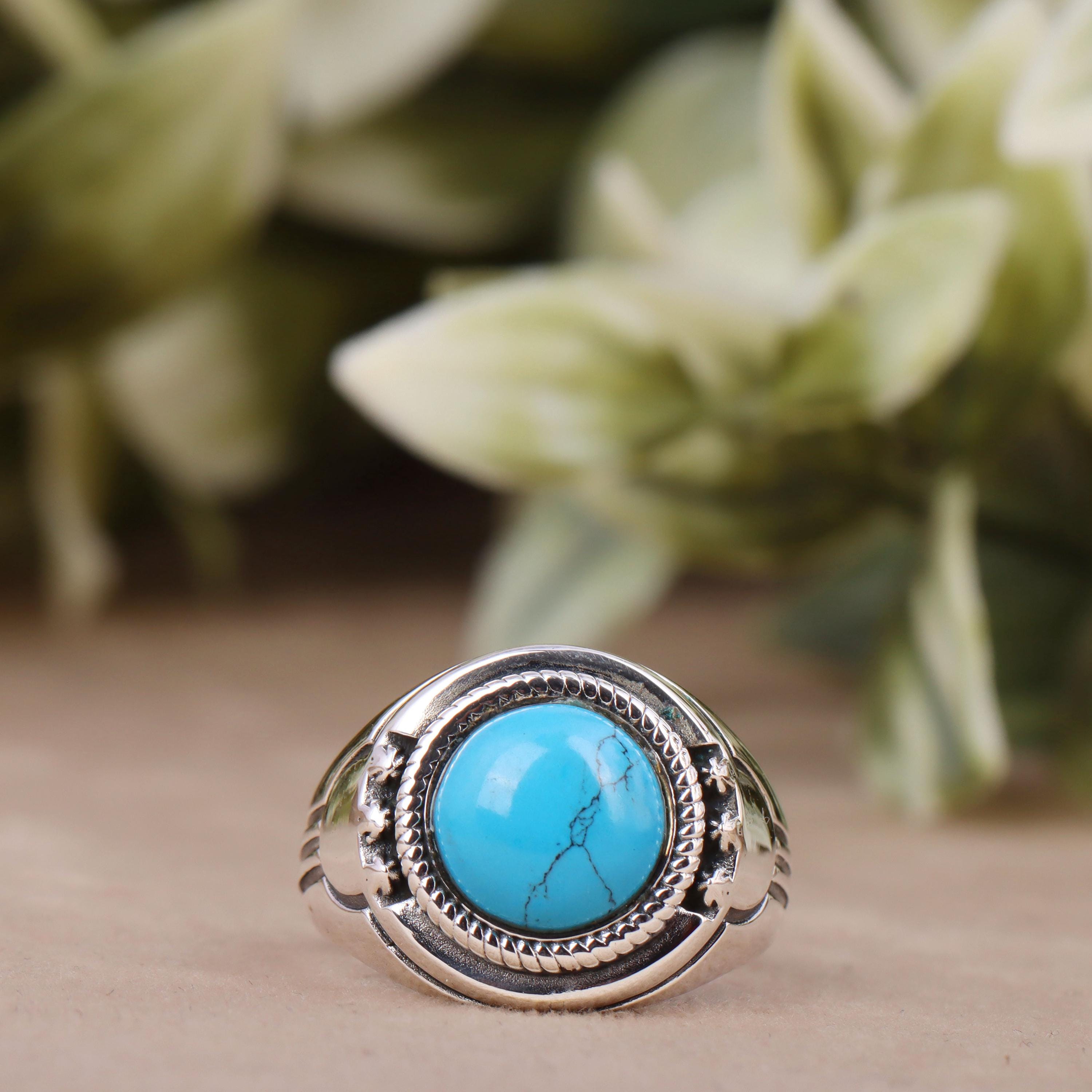 Chevalière Homme En Argent 925 - Pierre Turquoise Naturelle Bleue - Taille 63 - 8 Grammes