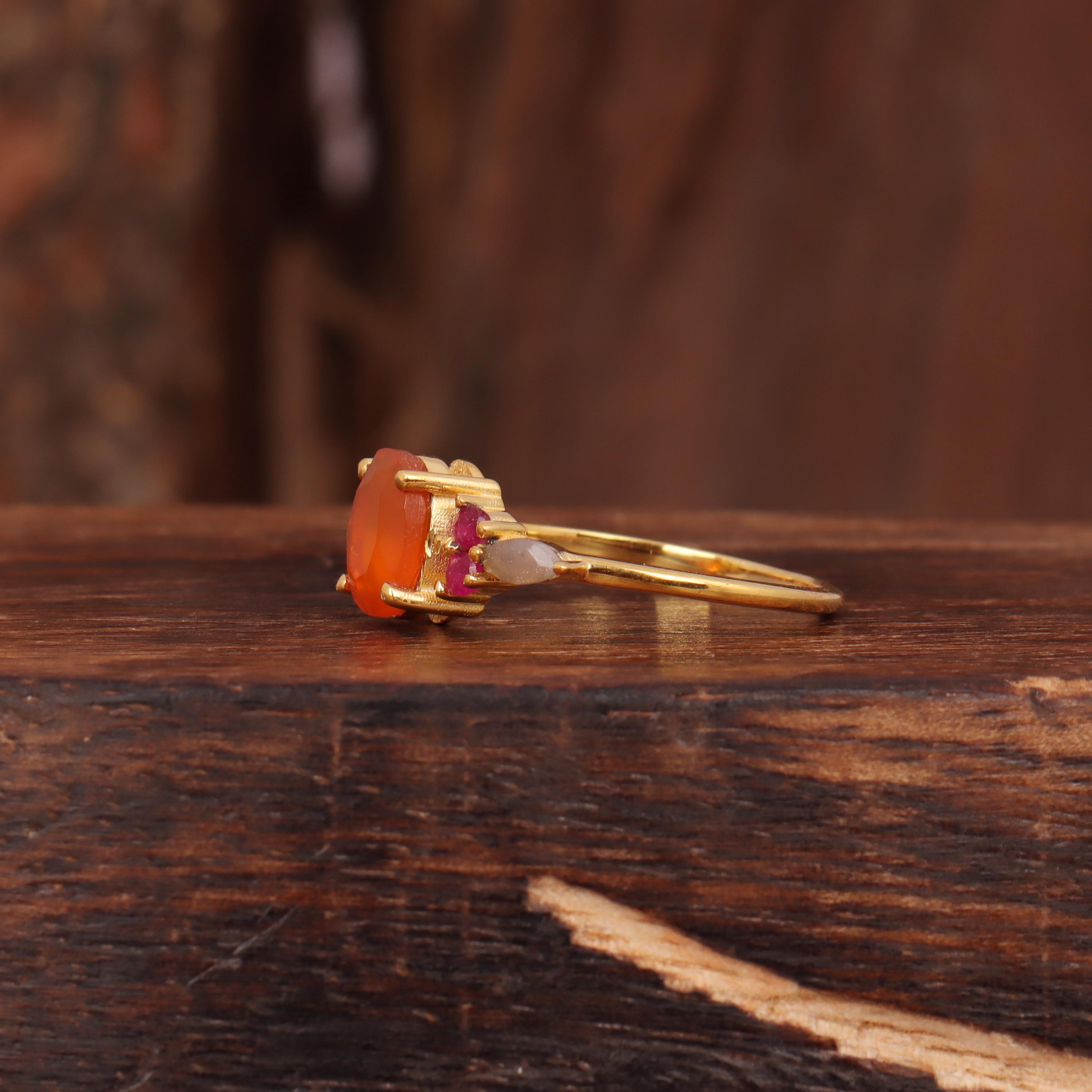 Bague Réglable En Argent Massif 925 Avec Cornaline Naturelle 15 Carats - Pierre Surélevée