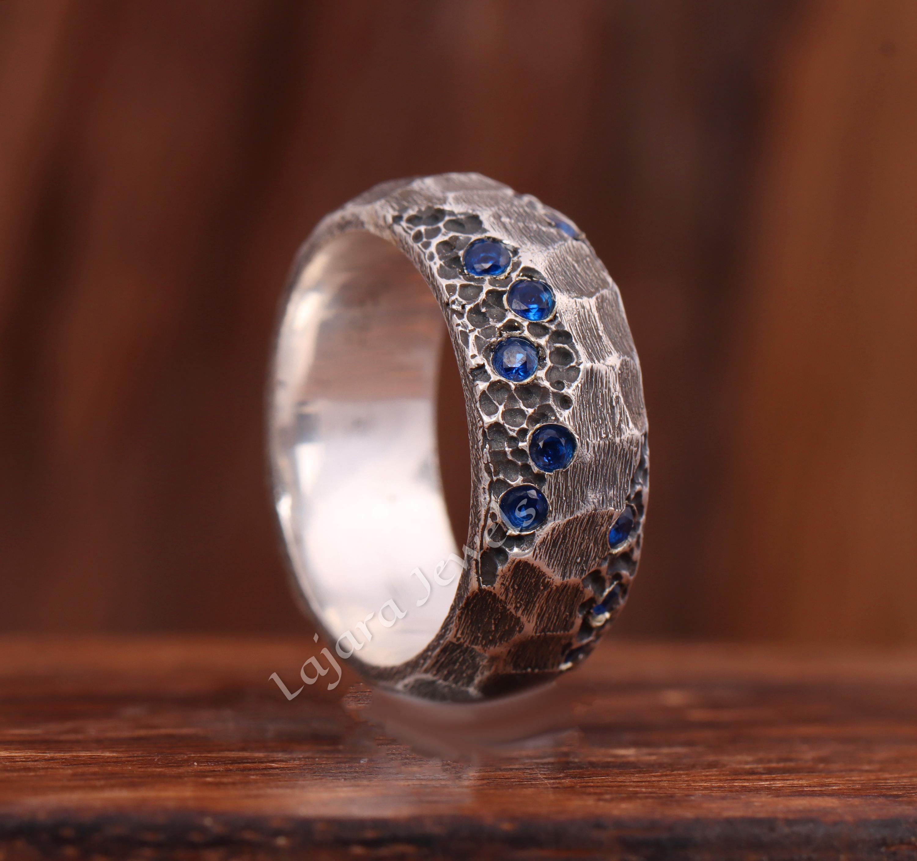 Laboratorio Creado Azul Y Zafiro Blanco 7-Stone Anillo En