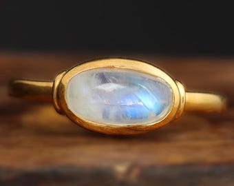Bleu Moonstone Ring, 18k Gold Vermeil 925 Sterling Silver Ring, Engagement Ring, Handmade Solitaire Ring, Dainty Wedding Ring, Gift For Her