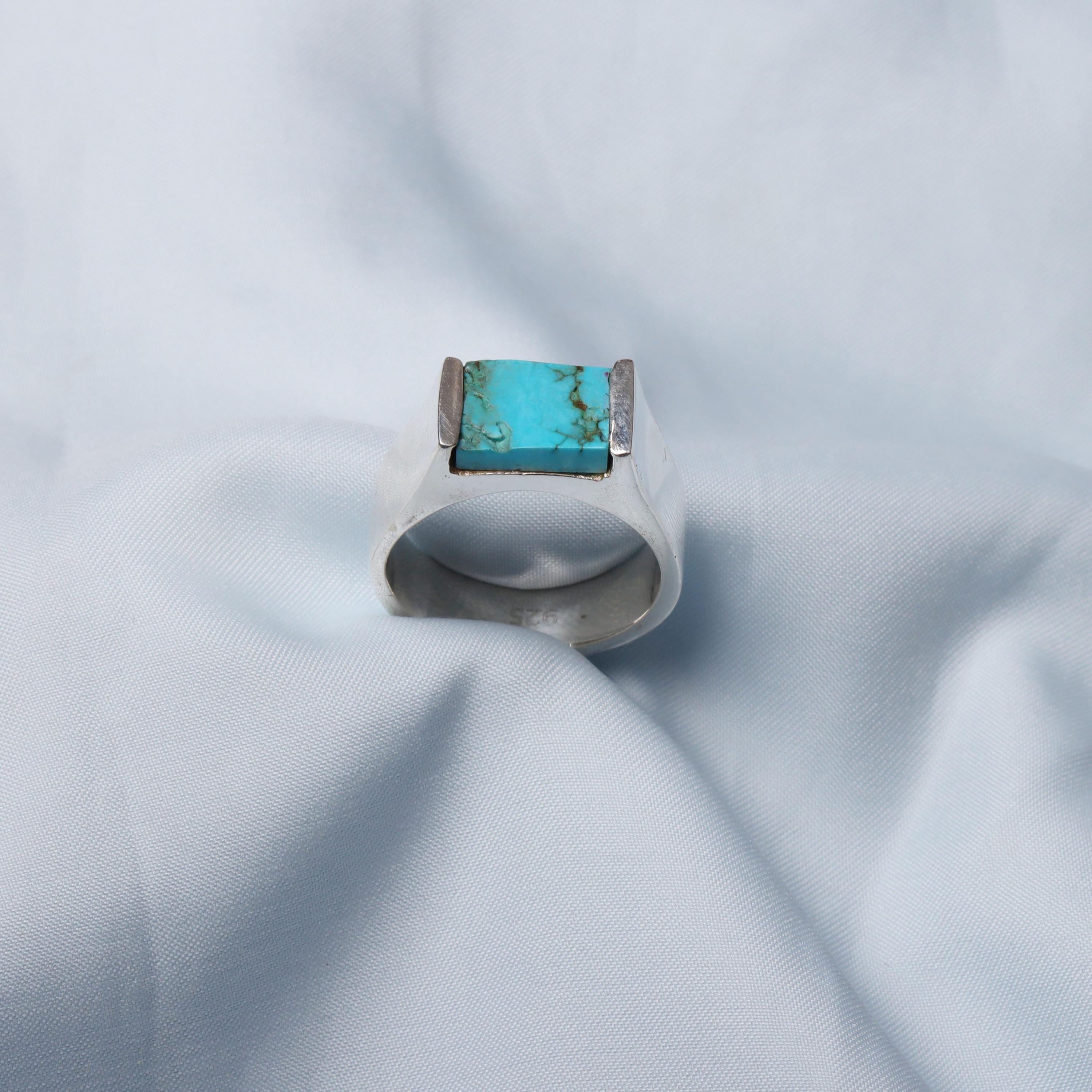 Handmade Rough Turquoise Signet Ring: 925 Sterling Silver Men's