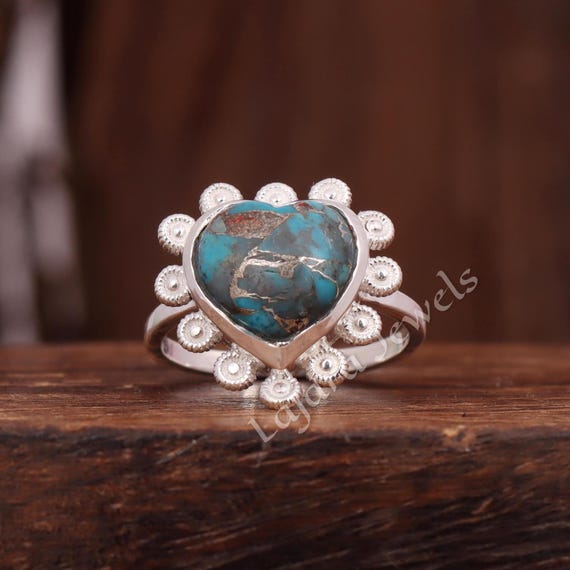 ハンドメイドのスターリングシルバーハートリング：銅ターコイズ宝石