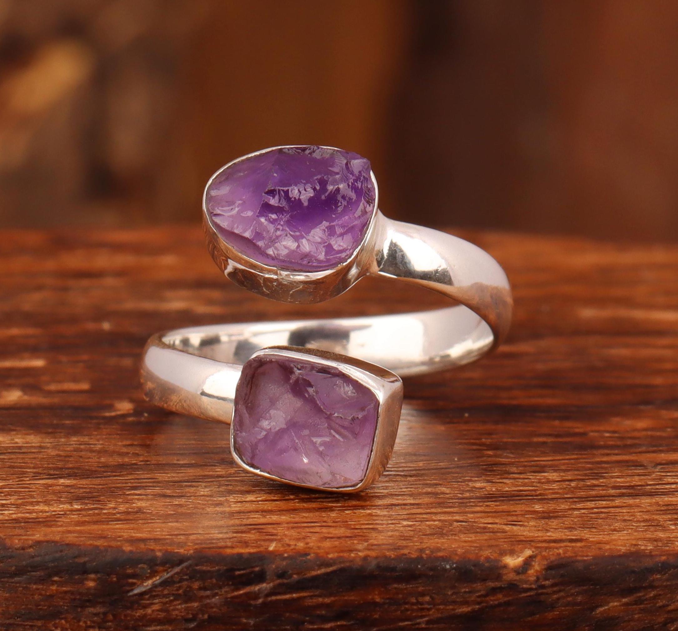 天然アメジストスターリングシルバーリング：調整可能なクリスタル