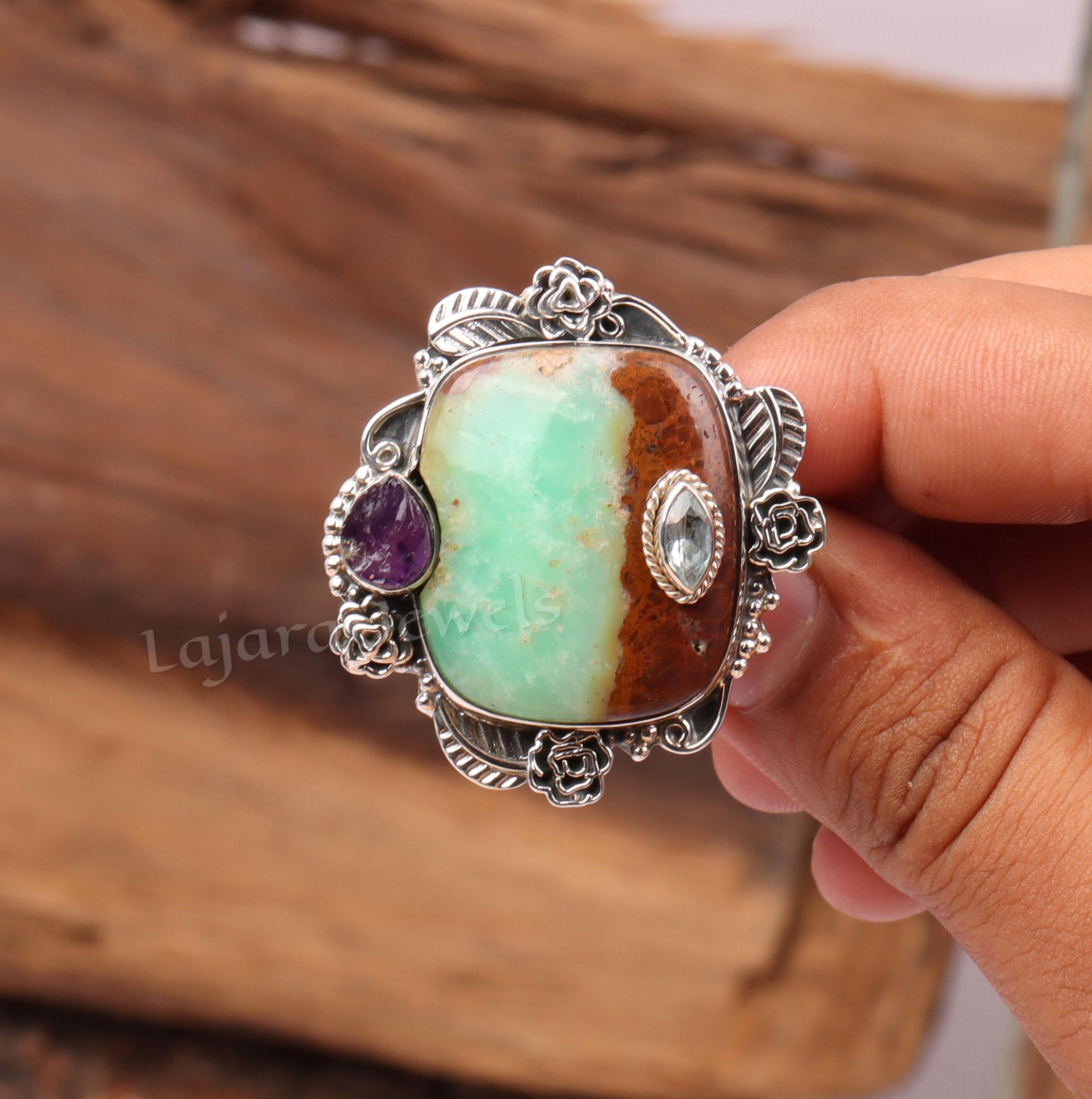 Amethyst, Blue Topaz & Chrysoprase Sterling Silver Ring: Handmade Boho Statement