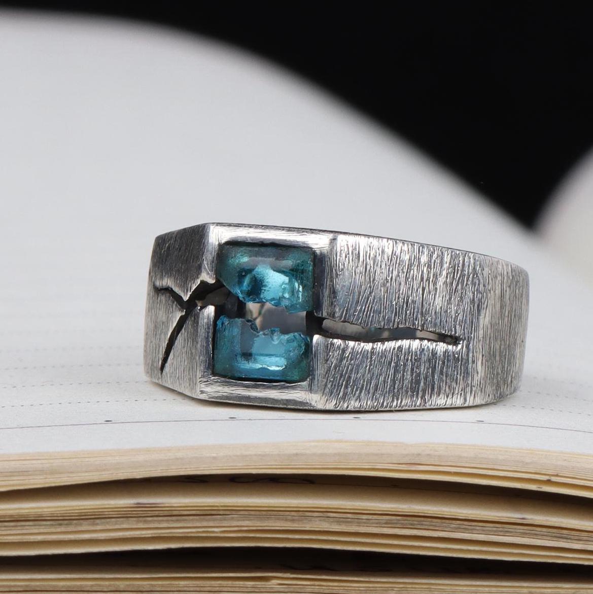 Natural London Blue Topaz Sterling Silver Ring - Broken Gemstone Signet