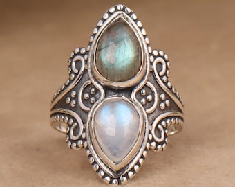 Rainbow Moonstone & Labradorite Ring: Handmade Sterling Silver Jewelry