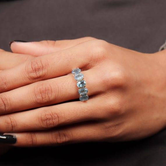 Bague Éternité En Argent 925 Avec Aigue-Marine - Pierre Bleue Lab-Created - Taille 7