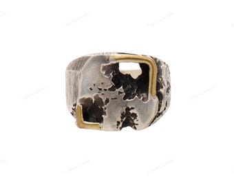 Men's Black Onyx Cracked Ring, 925 Sterling Silver Two Tone