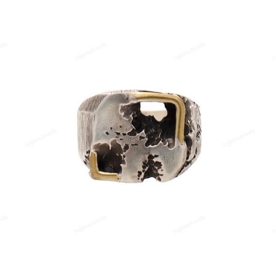 Men's Black Onyx Cracked Ring, 925 Sterling Silver Two Tone