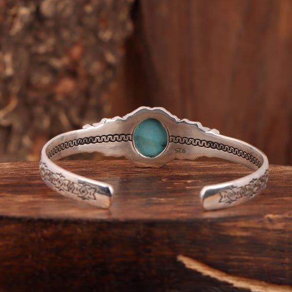 Mens Turquoise Cuff Bracelet: Engraved Sterling Silver Bangle