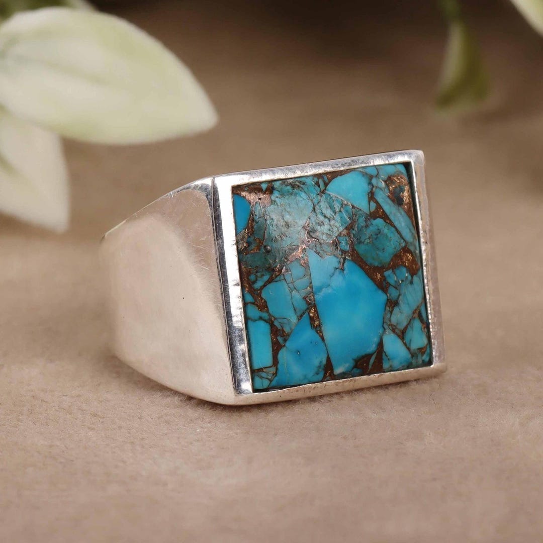 Copper Turquoise Signet Ring, 925 Sterling Silver Men's Ring - Etsy