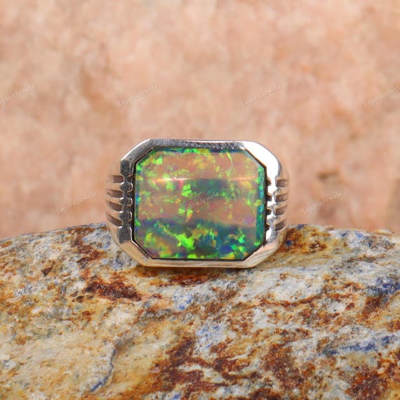 Bague Argentée Avec Opale De Feu Bleue Lab-created - Taille US 9,25, Fer à Cheval, Pierre Imitation