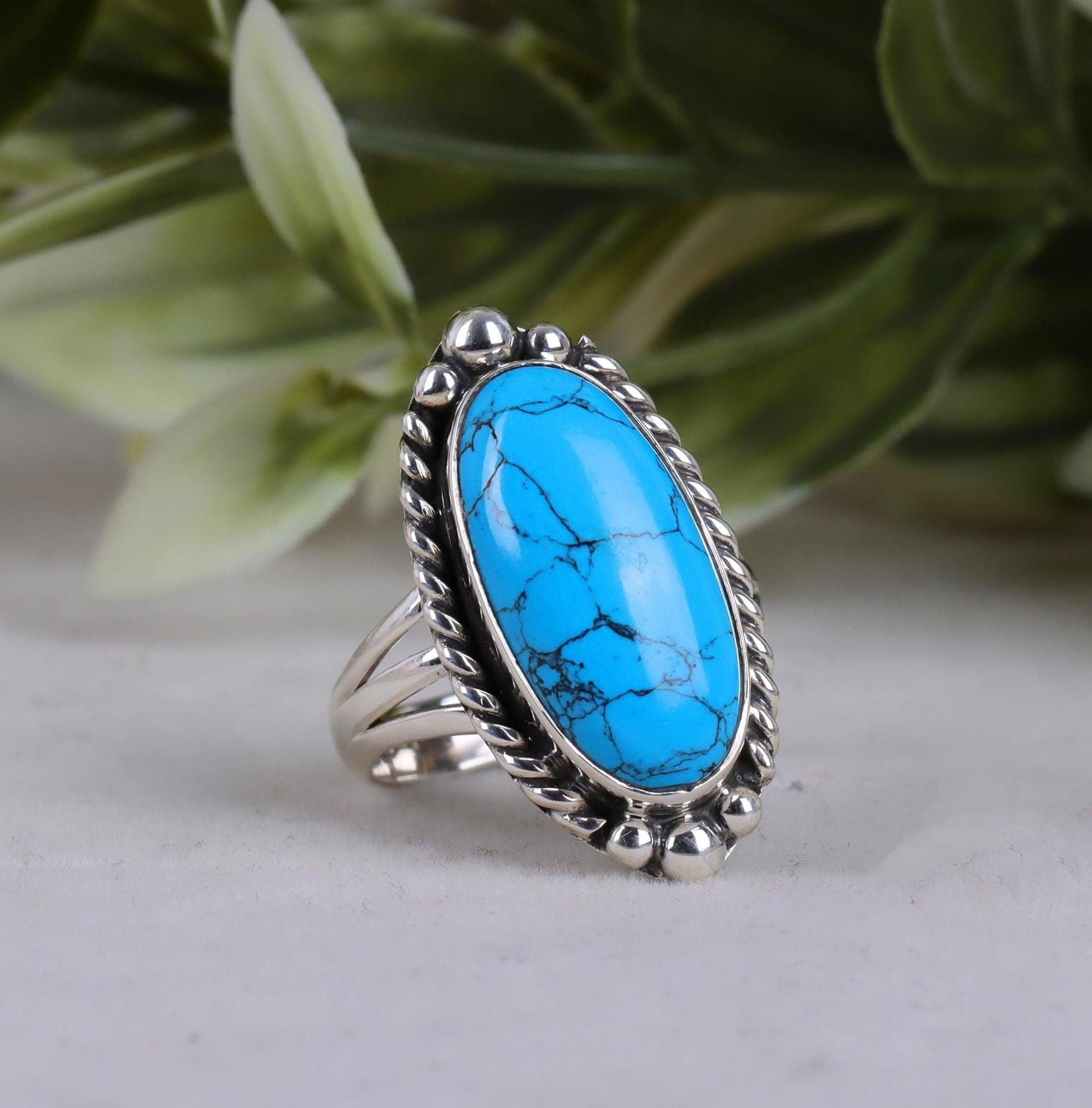 Natural Turquoise 925 Sterling Silver Ring - Boho Statement Ring