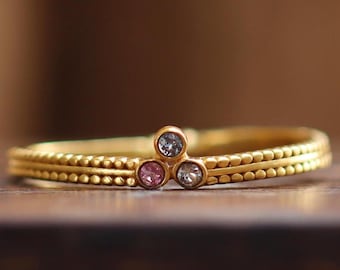 Blue Topaz, Diamond & Pink Tourmaline Ring: Sterling Silver Gold Vermeil