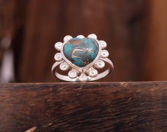 ハンドメイドのスターリングシルバーハートリング：銅ターコイズ宝石