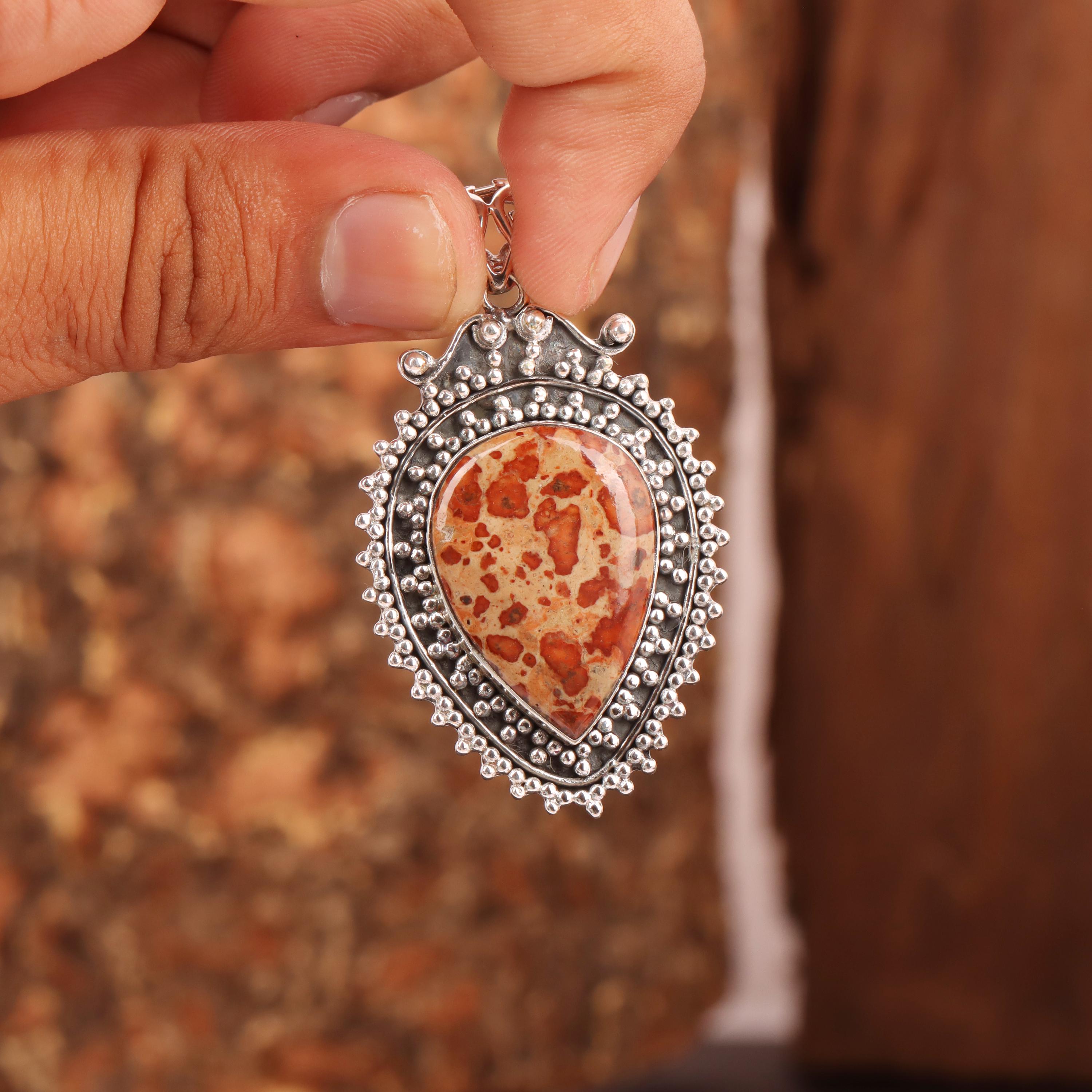 Pendentif En Argent Sterling 925 Avec Jaspe Bois Pétrifié - Fait Main Aux USA, Longueur 2,75 Pouces