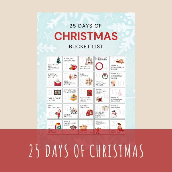 25 days of Christmas - Christmas Bucket list - Christmas Activities for Adults and Kids - Advent Calendar activities - printable template