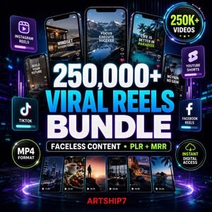 Könnte beinhalten: Ein digitales Marketing-Paket mit 250.000+ viralen Reels, faceless Content, PLR und MRR. Die Grafik zeigt mehrere Smartphone-Bildschirme mit Videoclips, Social-Media-Icons für Instagram, TikTok, YouTube und Facebook sowie den Text 250.000+ Viral Reels Bundle, MP4 Format und Instant Digital Access.