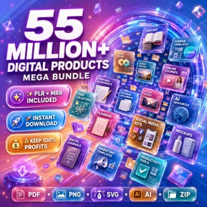 以下が含まれることがあります： 55 MILLION+ DIGITAL PRODUCTS MEGA BUNDLEと書かれたデジタル製品メガバンドルの広告。紫と青の背景に、電子書籍、テンプレート、コースなどを表す様々な浮遊する半透明のアイコンが表示されています。