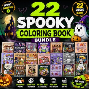 Pacote de livros de colorir assustadores para crianças e adultos, mais de 850 páginas imprimíveis em PDF, livros de colorir aconchegantes, fofos, de bruxas, de Halloween e hygge.