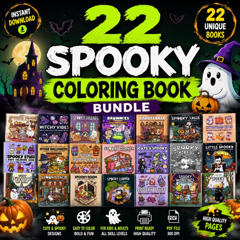 May include: A digital bundle of 22 unique coloring books featuring spooky themes. The cover displays the text 22 SPOOKY COLORING BOOK BUNDLE, a haunted house, a ghost in a purple witch hat holding a pumpkin, and thumbnails of each book cover.