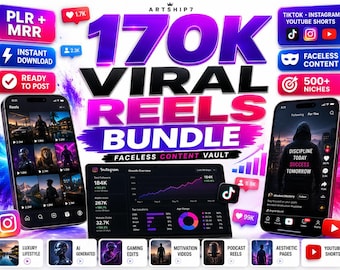 May include: Digital marketing bundle with the text "170K Viral Reels Bundle Faceless Content Vault". The image includes mockups of smartphones and a tablet displaying social media content, along with icons for various platforms.