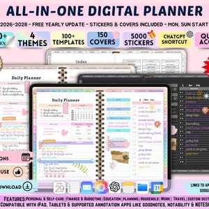All In One Digital Planner 2026, 2027, 2028 Digital Planner, Digital Journal, Digital GoodNotes Template, Weekly, Daily, Notes+ Notability