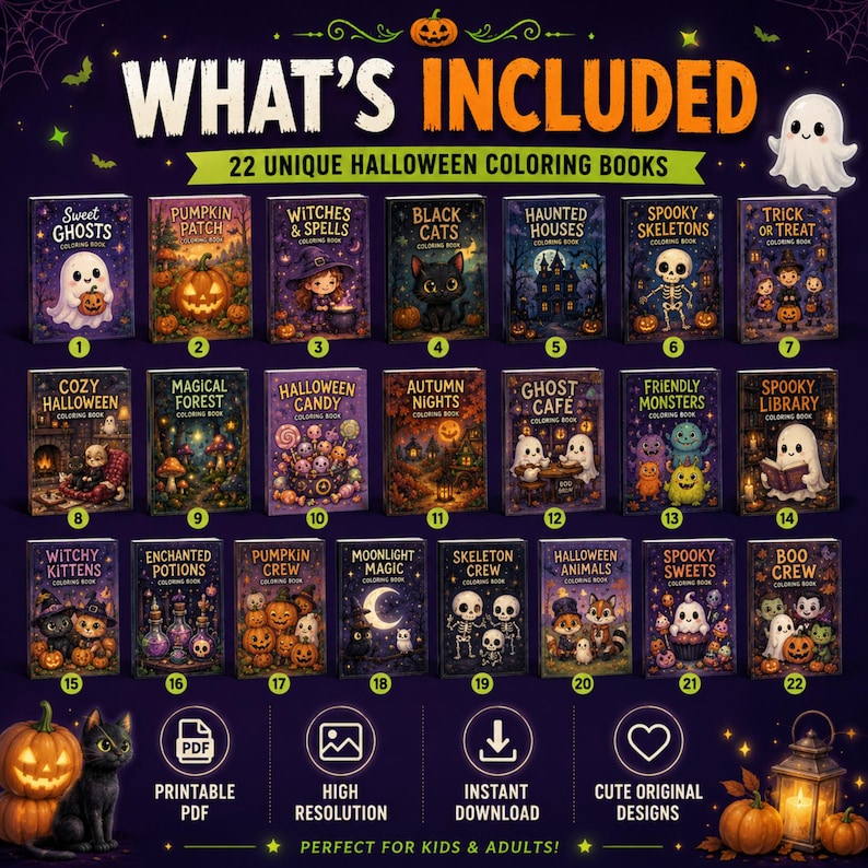 Spooky Coloring Book Bundle for Kids and Adults, 850+ Printable Pages PDF, Cozy Cute Witchy Halloween & Hygge Coloring Books image 4