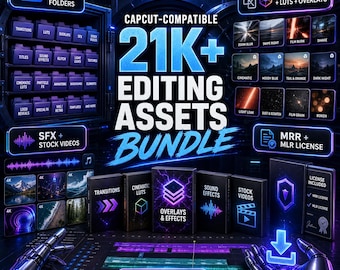 Pacchetto di modelli CapCut con oltre 21000 risorse, transizioni, LUT, sovrapposizioni, effetti sonori, kit per YouTube e download digitale MRR.