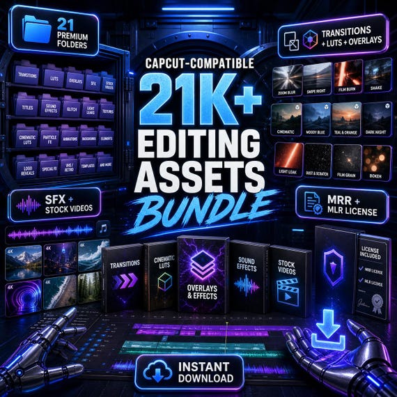 CapCut Templates Bundle 21000+ Assets, Transitions, LUTs, Overlays, SFX, YouTube Kit, MRR Digital Download