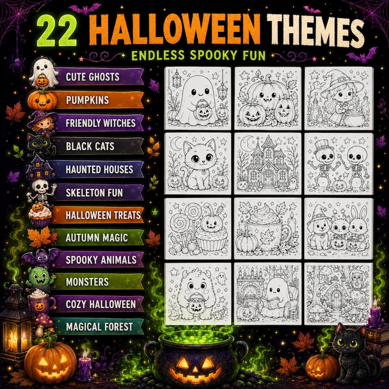 May include: A digital coloring book page featuring 22 Halloween themes with the text 22 HALLOWEEN THEMES ENDLESS SPOOKY FUN. The image displays a list of categories like Cute Ghosts and Pumpkins alongside a grid of twelve black and white line art illustrations depicting ghosts, witches, cats, haunted houses, skeletons, treats, and monsters.