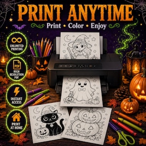 May include: A black printer sits on a wooden surface, outputting Halloween-themed coloring pages featuring a witch, a ghost, a cat, and pumpkins. The image includes text reading PRINT ANYTIME, Print, Color, Enjoy, and lists features like UNLIMITED PRINTING, PDF, INSTANT ACCESS, and PRINT AT HOME.