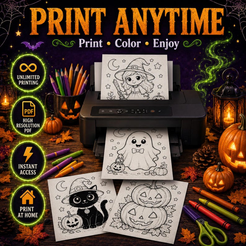 May include: A black printer sits on a wooden surface, outputting Halloween-themed coloring pages featuring a witch, a ghost, a cat, and pumpkins. The image includes text reading PRINT ANYTIME, Print, Color, Enjoy, and lists features like UNLIMITED PRINTING, PDF, INSTANT ACCESS, and PRINT AT HOME.