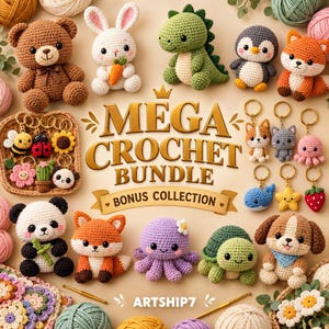 Pode incluir: Uma coleção de vários animais de pelúcia e chaveiros de crochê, incluindo um urso, coelho, dinossauro, pinguim, raposa, panda, polvo, tartaruga e cachorro, com o texto MEGA CROCHET BUNDLE BONUS COLLECTION e ARTSHIP7 exibidos centralmente.