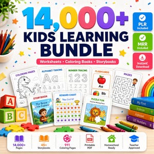May include: A digital learning bundle for kids featuring 14,000+ pages including worksheets, coloring books, and storybooks. The display shows alphabet and number tracing, mazes, reward charts, and puzzle fun cards with colorful graphics.